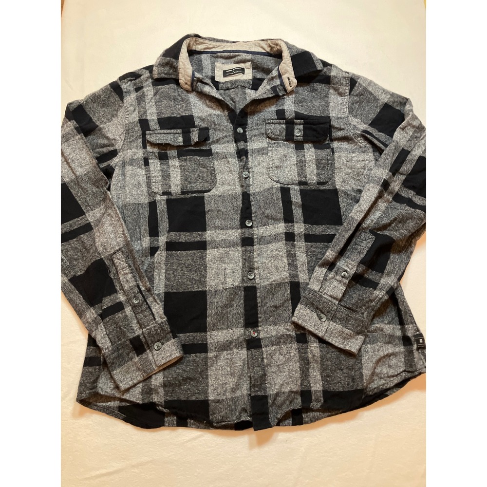 Ocean Current L Plaid Flannel Shirt‎ Button Up Long Sleeve Casual Gray Black